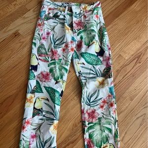 Zara TRF cropped tropical printed white jean